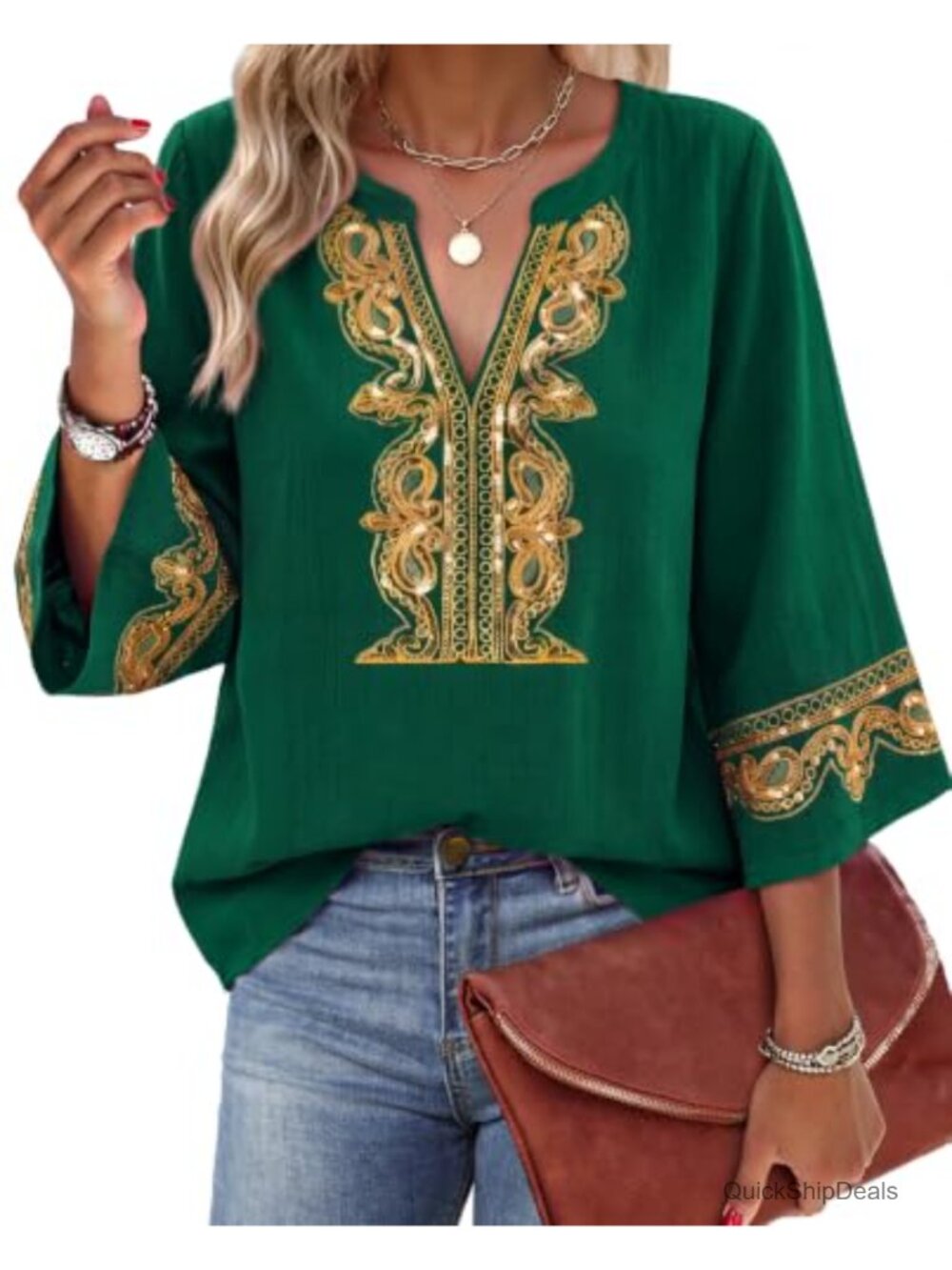 Womens 3/4 Bell Sleeve Embroidered Lace V Neck Tunic Top Boho